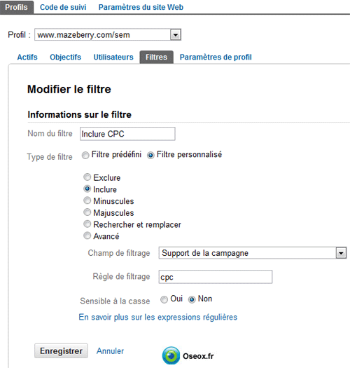 Formulaire de cr�ation d'un nouveau filtre liens sponsoris�s Adwords