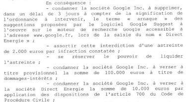 L'extrait du Jugement rendu entre Google Suggest et Direct Energie par la Justice française