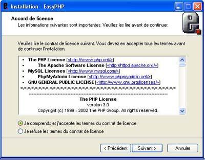 Accord de licence d'EasyPHP